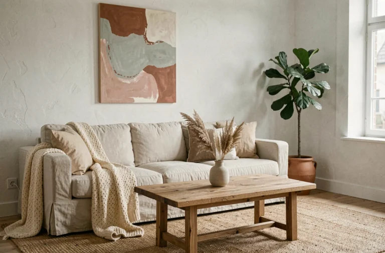 Salon scandinave épuré avec canapé en lin ivoire, table basse en chêne brut et plante fiddle-leaf fig dans un intérieur lumineux et tendance