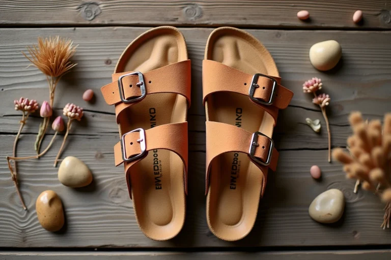 Sandales en daim avec semelle liège style Birkenstock posées à plat sur bois brut avec éléments botaniques