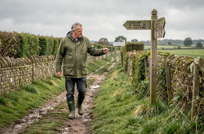 Promeneur sur un sentier balisé par la communauté de communes de Guingamp en milieu rural breton