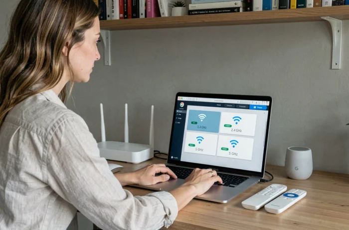 Femme séparant les réseaux Wi-Fi 2,4 GHz et 5 GHz sur l'interface de sa Freebox pour améliorer la stabilité de connexion avec Google Home