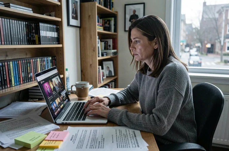 Femme déçue devant son écran regardant une série annulée sur une plateforme de streaming Netflix