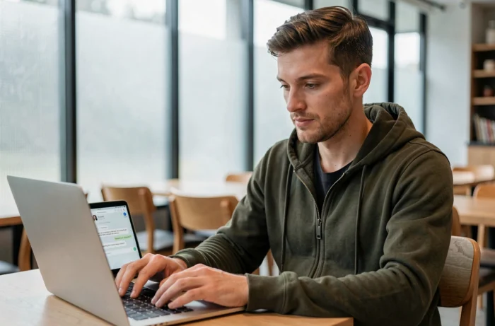 Homme utilisant le chat en ligne du service client Zalando depuis un café en Belgique