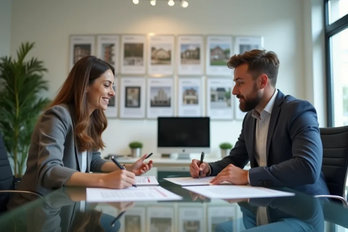 Signature d'un contrat de bail dans une agence immobilière entre locataires et propriétaire
