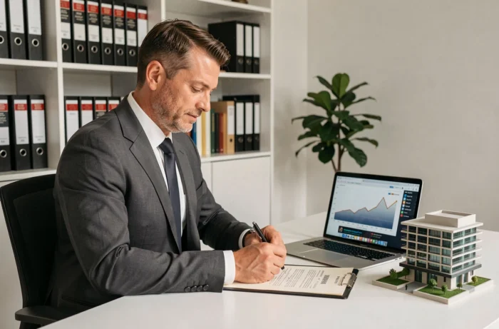 Homme d'affaires signant un contrat d'acquisition immobilière professionnelle dans un bureau notarial moderne