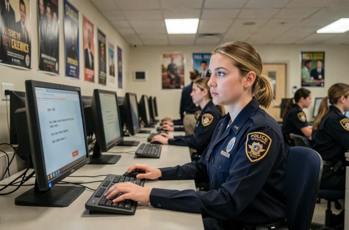 Stagiaire policière face à un message d'erreur de mot de passe sur le portail E Campus Police dans une salle informatique