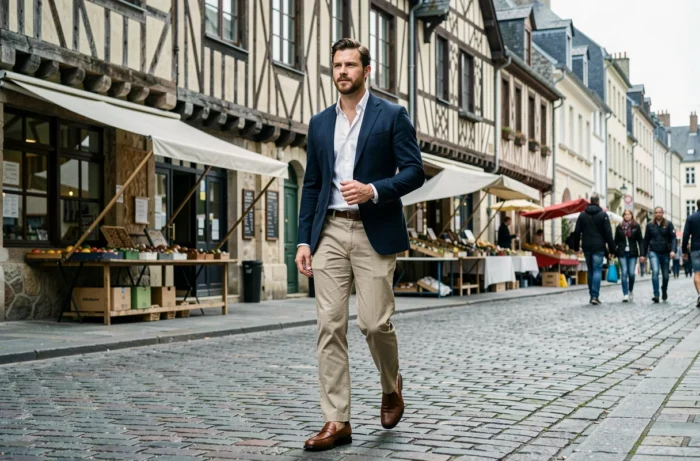 Homme élégant en blazer marine marchant dans les rues pavées du centre historique de Rennes
