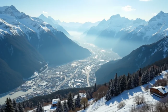Vue aérienne panoramique des Alpes suisses avec villages durables et stations de surveillance glaciaire