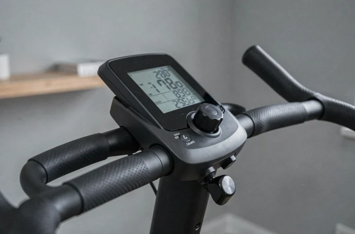 Gros plan sur le tableau de bord numérique et les poignées du vélo d'appartement Sportstech SX200