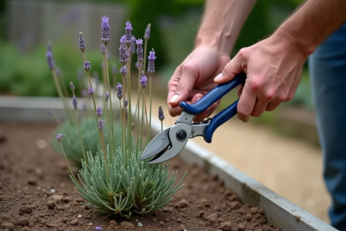 Mains masculines taillant les tiges mortes d'un pied de lavande envahi dans un jardin potager