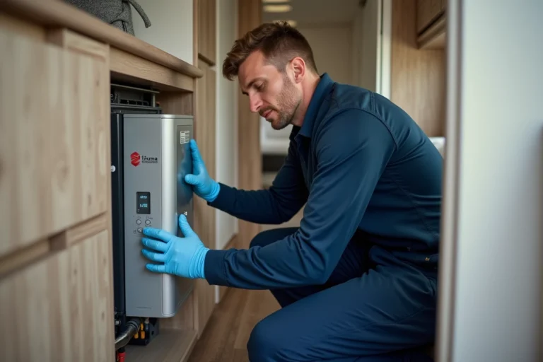 Technicien en train d'inspecter le panneau de contrôle d'un chauffage Truma Combi 4 dans un camping-car, affichant un code d'erreur