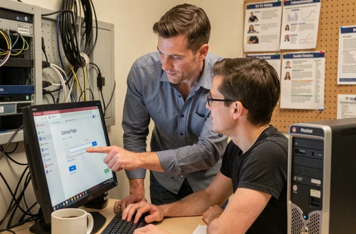 Technicien informatique aidant un agent de police à résoudre un problème de connexion au portail E Campus Police