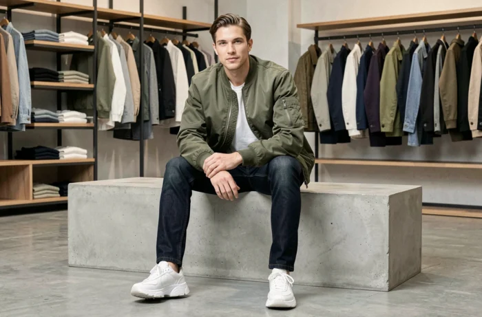 Homme en bomber jacket vert olive et jean indigo dans un concept store moderne, look streetwear tendance de la saison