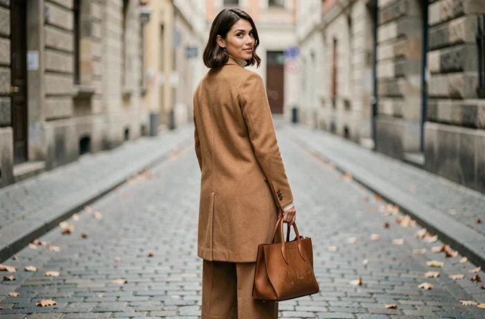 Femme portant un manteau camel tendance avec un sac en cuir cognac dans une rue pavée européenne, tenue mode automne-hiver incontournable
