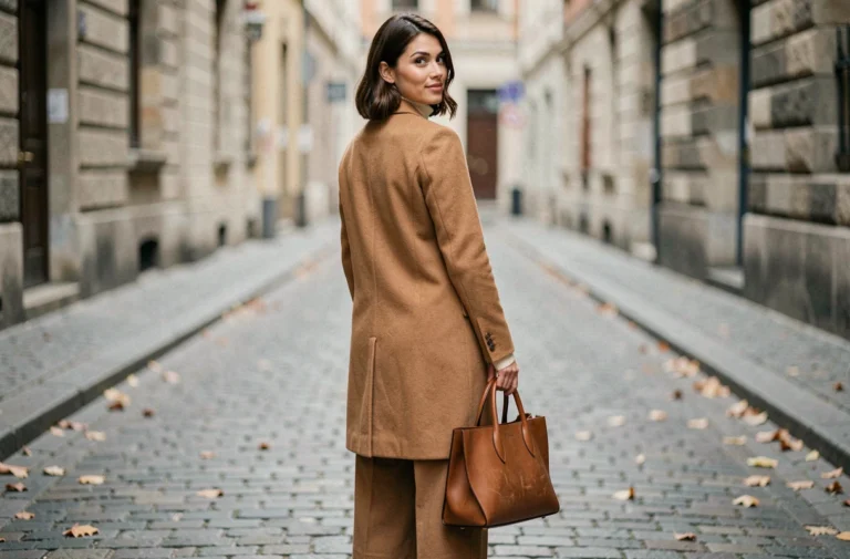 Femme portant un manteau camel tendance avec un sac en cuir cognac dans une rue pavée européenne, tenue mode automne-hiver incontournable