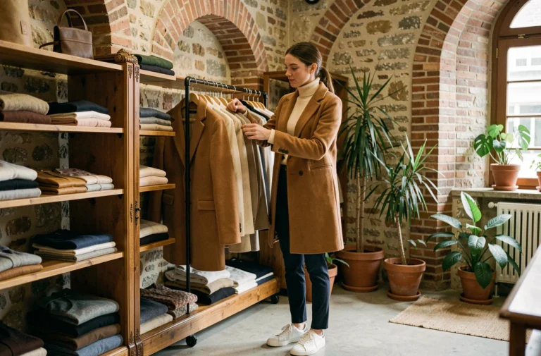 Jeune femme élégante explorant les tendances mode dans une boutique au décor en pierre à Rennes