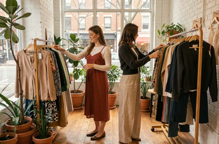Deux femmes découvrant les nouvelles tendances mode dans une boutique lumineuse et végétalisée, tenues saisonnières incontournables