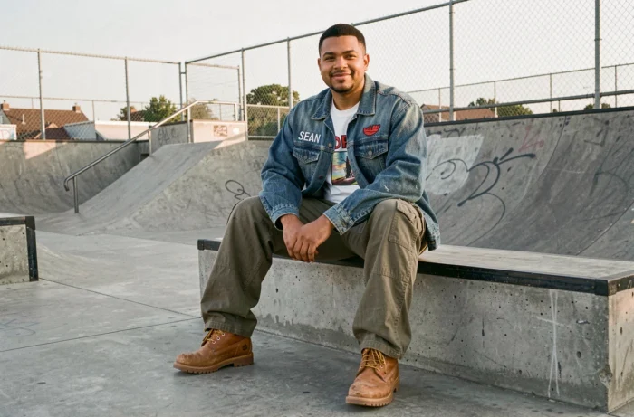 Homme en tenue Sean John et Ed Hardy assis dans un skatepark urbain style années 2000
