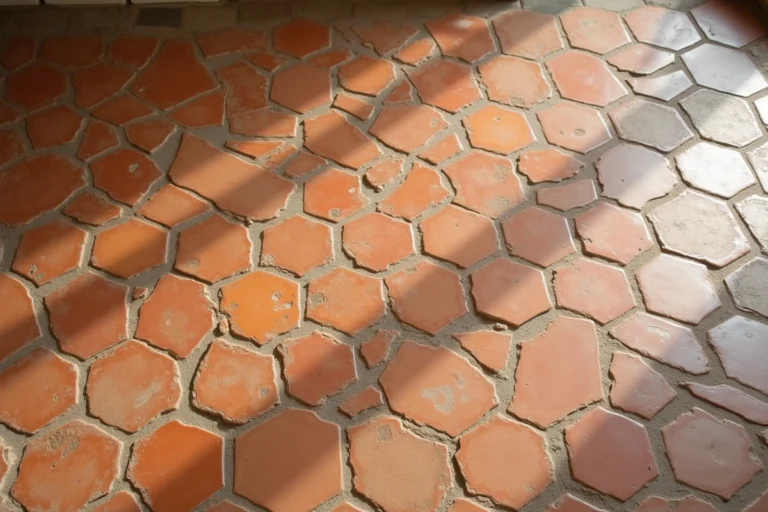 Carrelage en tomettes hexagonales anciennes en terre cuite associées à des carreaux en calcaire beige dans un salon provençal traditionnel