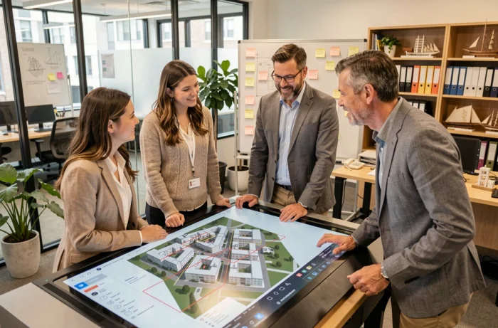 Équipe d'urbanistes collaborant autour d'un modèle 3D numérique de zonage urbain dans un bureau municipal