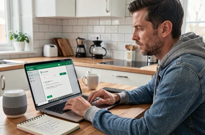 Homme vérifiant les mises à jour de sa Freebox sur un ordinateur portable avant de configurer des routines dans Google Home