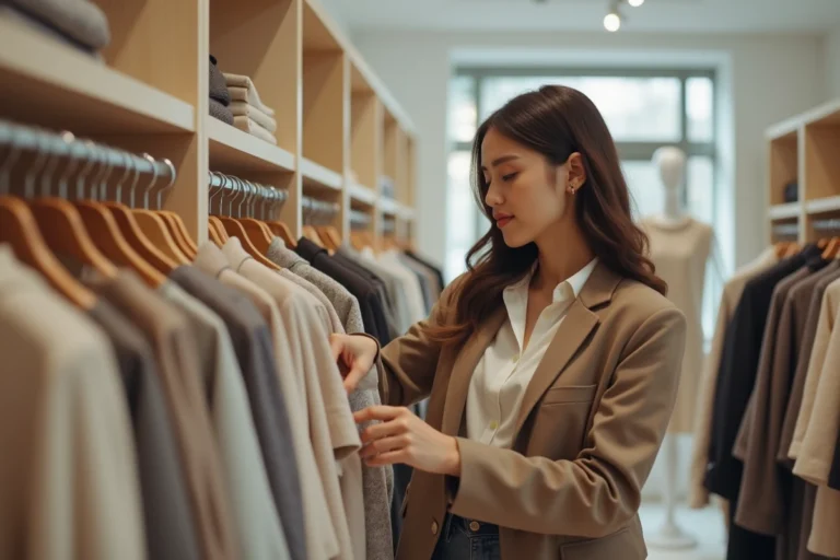 Jeune femme stylée cherchant des vêtements inspirés de la série Demain nous appartient dans une boutique de mode parisienne