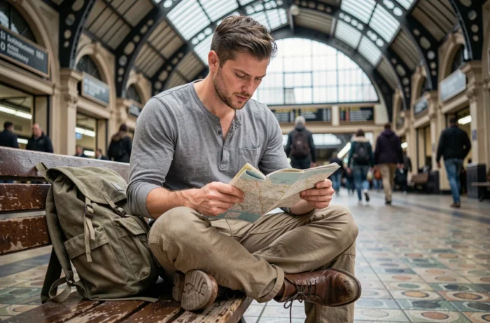 Jeune voyageur étudiant une carte routière dans une grande gare européenne, symbole du désir de découverte et du syndrome de wanderlust