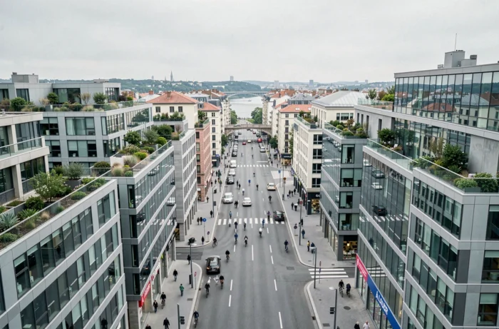 Vue aérienne du quartier Confluence à Lyon avec immeubles modernes et panneaux de location, marché locatif urbain 2026